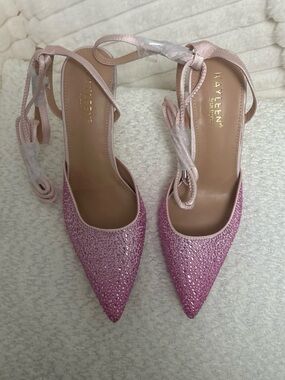 KAYLEEN By Los Angeles Pink Crystal-Embellished Pointed Toe Lace-Up Heels